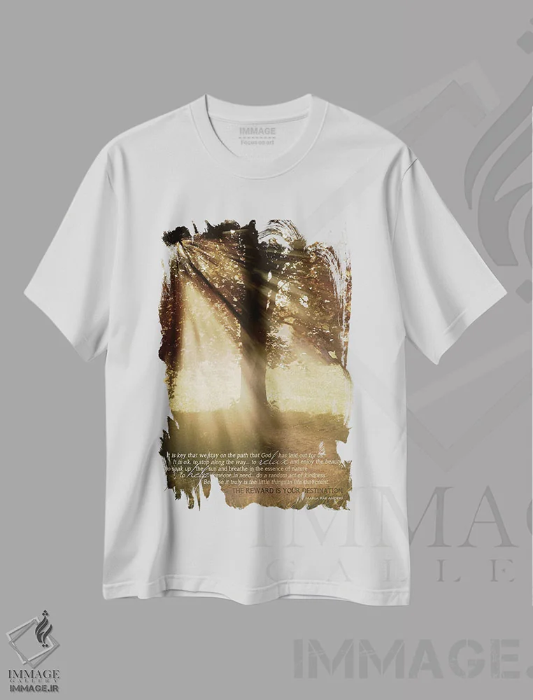 تیشرت سفید طرح دار – تیشرت طبیعت ,در مسیر بمان اثر مارلا ری فروشگاه ایماژ