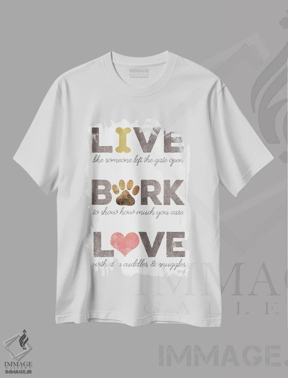 تیشرت سفید طرح دار – تیشرت Bark ,Bark, Love,زندگی کن، واق بزن، عاشق باش اثر مارلا ری immage.ir