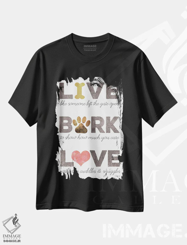 تیشرت مشکی طرح دار – تیشرت Bark ,Bark, Love,زندگی کن، واق بزن، عاشق باش اثر مارلا ری فروشگاه ایماژ