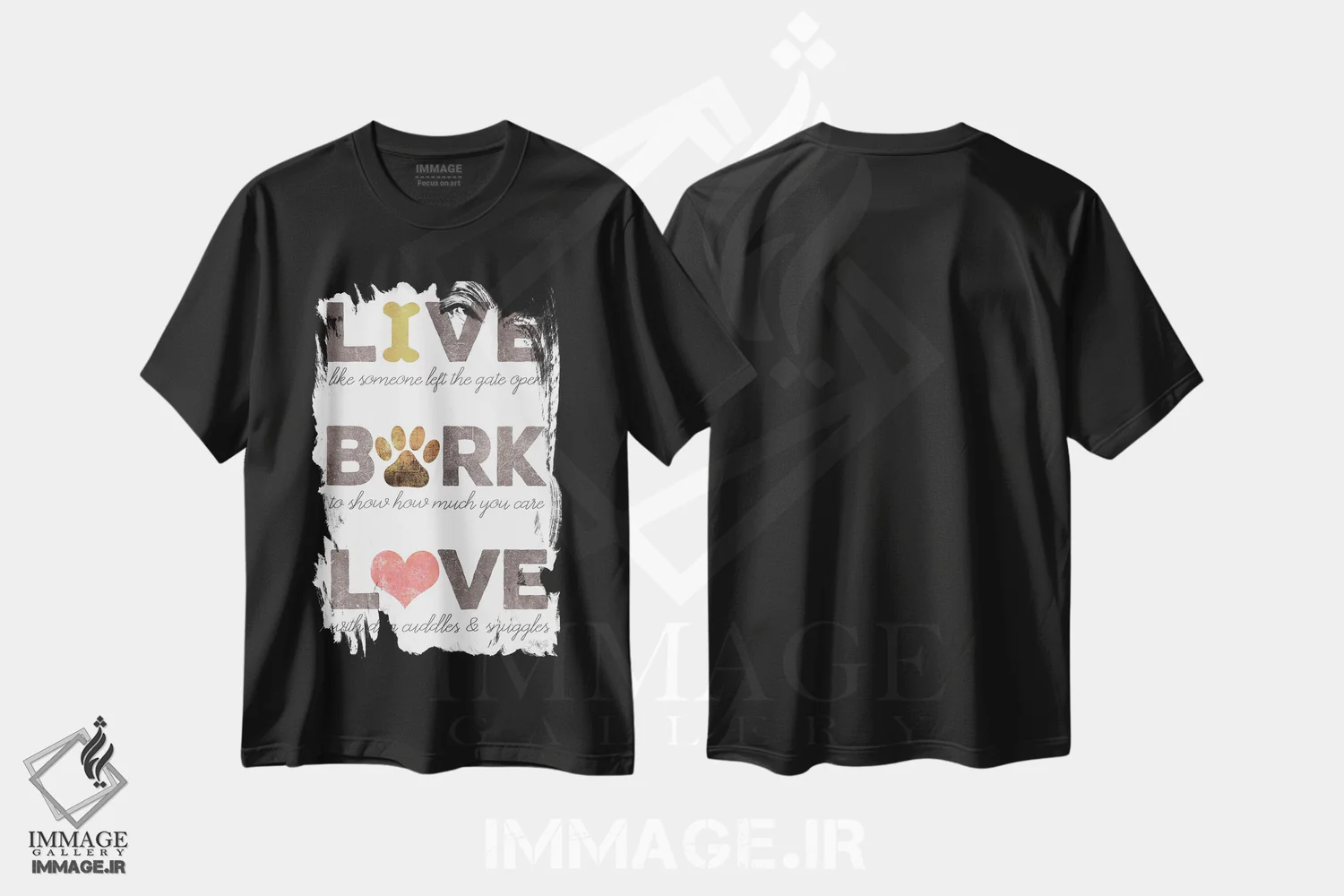 تیشرت مشکی طرح دار – تیشرت Bark ,Bark, Love,زندگی کن، واق بزن، عاشق باش اثر مارلا ری فروشگاه ایماژ