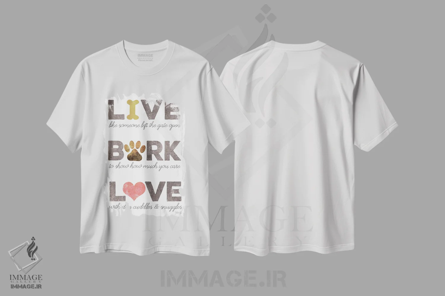 تیشرت سفید طرح دار – تیشرت Bark ,Bark, Love,زندگی کن، واق بزن، عاشق باش اثر مارلا ری immage.ir