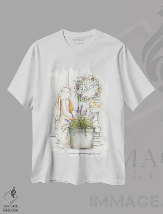 تیشرت سفید طرح دار – تیشرت حیوانات ,خرگوش خوش آمدگو اثر مری آن جون فروشگاه ایماژ