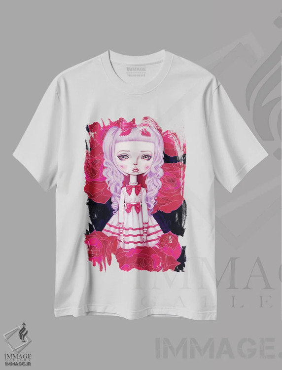 تیشرت سفید طرح دار – تیشرت هنری ,رز لولیتا شیرین اثر ملانی شولتز فروشگاه ایماژ
