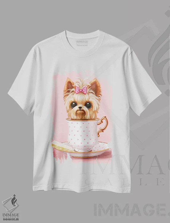 تیشرت سفید طرح دار – تیشرت حیوانات ,یورکی داخل فنجان چای اثر ملانی شولتز immage.ir