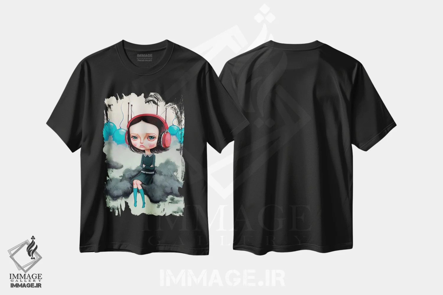 تیشرت مشکی طرح دار – تیشرت هنری ,دختری که بر روی ابری لب ورمی چیند اثر ملانی شولتز immage.ir