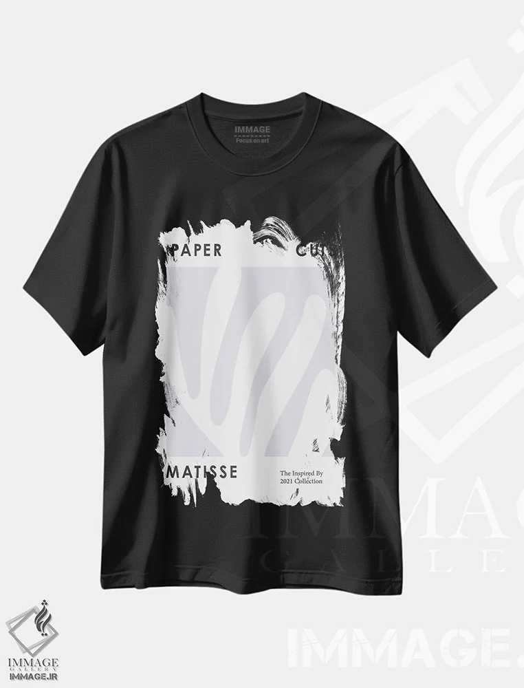 تیشرت مشکی طرح دار – تیشرت انتزاعی ,کاغذ بُری انتزاعی بنفشه ای اثر مامبو آرت استودیو فروشگاه ایماژ