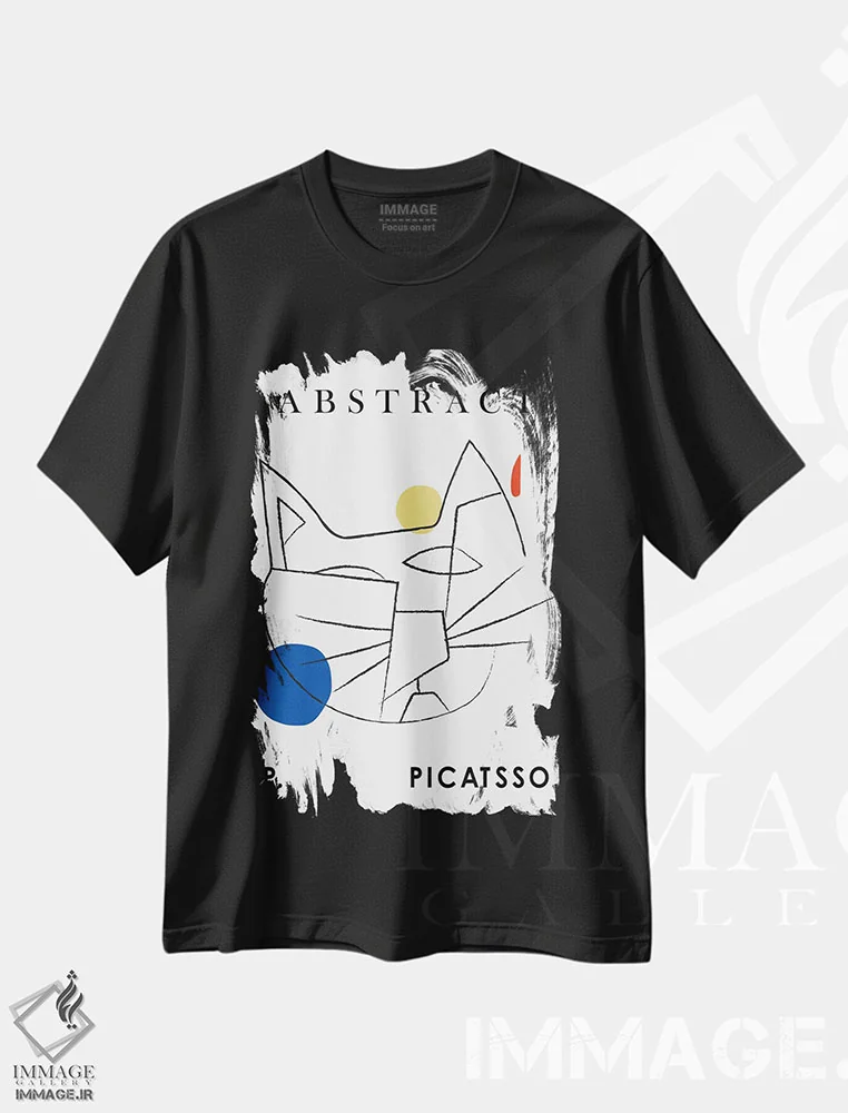 تیشرت مشکی طرح دار – تیشرت حیوانات ,گربه پیکاتسو هنر خطی اثر مامبو آرت استودیو فروشگاه ایماژ