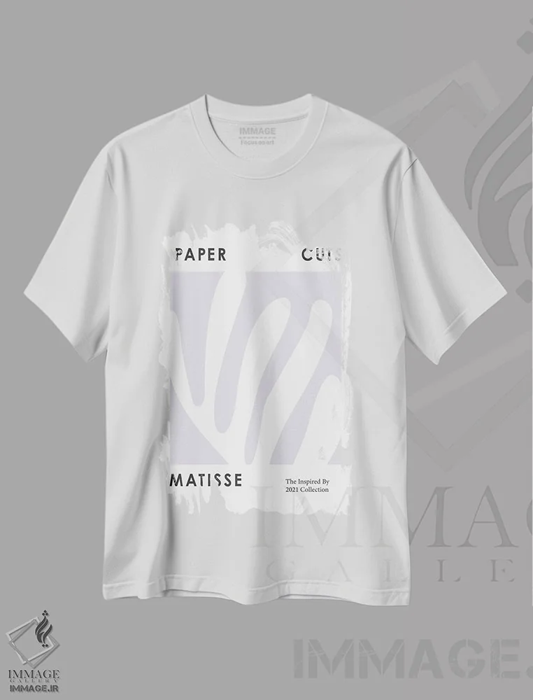 تیشرت سفید طرح دار – تیشرت انتزاعی ,کاغذ بُری انتزاعی بنفشه ای اثر مامبو آرت استودیو immage.ir
