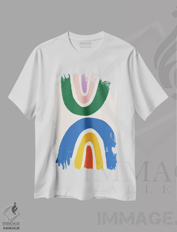 تیشرت سفید طرح دار – تیشرت فانتزی ,رنگین کمان دوتایی با مدادشمعی اثر مامبو آرت استودیو فروشگاه ایماژ