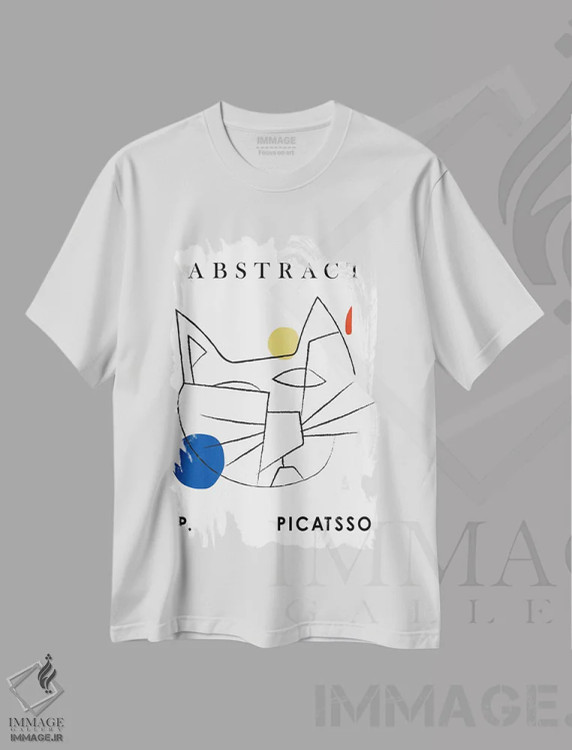 تیشرت سفید طرح دار – تیشرت حیوانات ,گربه پیکاتسو هنر خطی اثر مامبو آرت استودیو immage.ir