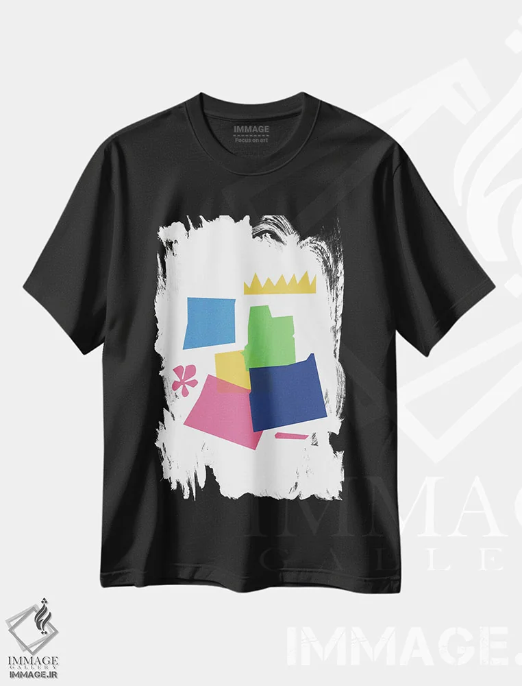 تیشرت مشکی طرح دار – تیشرت انتزاعی ,اشکال انتزاعی بُرش خورده اثر مامبو آرت استودیو فروشگاه ایماژ