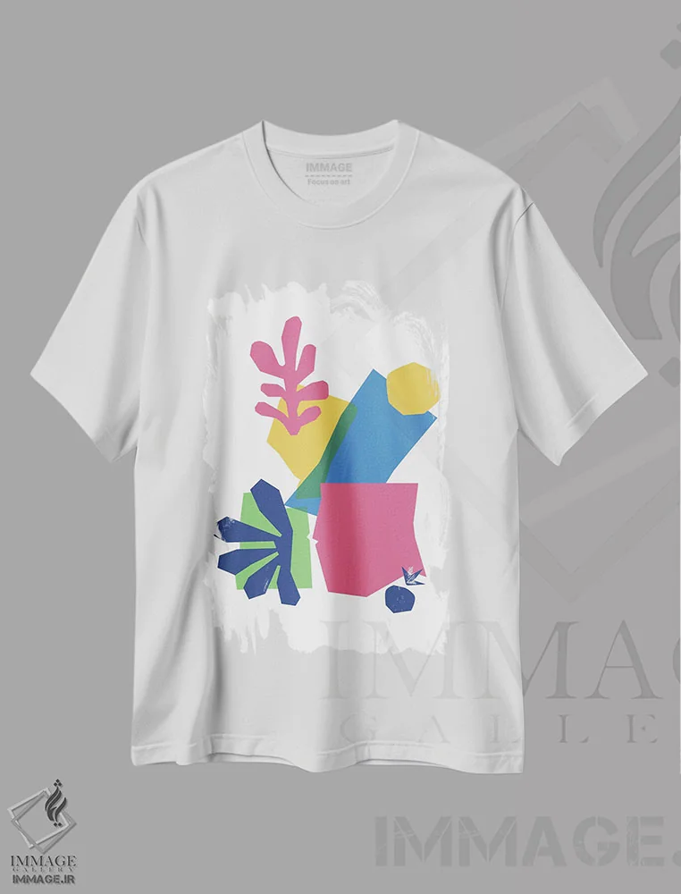 تیشرت سفید طرح دار – تیشرت هنری ,اشکال انتزاعی اثر مامبو آرت استودیو immage.ir