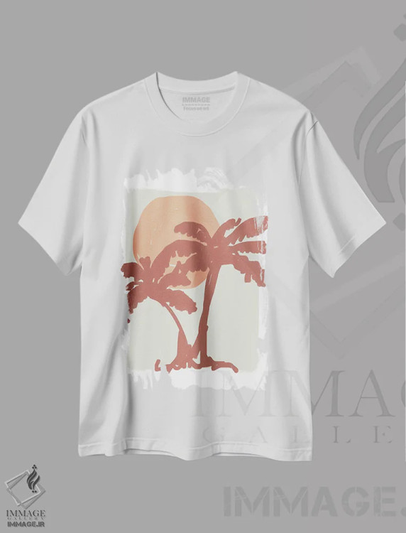 تیشرت سفید طرح دار – تیشرت طبیعت ,نخل و خورشید با رنگ های خنثی اثر مامبو آرت استودیو فروشگاه ایماژ