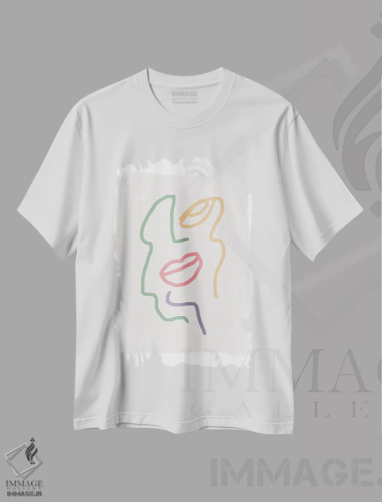 تیشرت سفید طرح دار – تیشرت هنری ,نقاشی خطی چهره با رنگ های پاستلی اثر مامبو آرت استودیو immage.ir