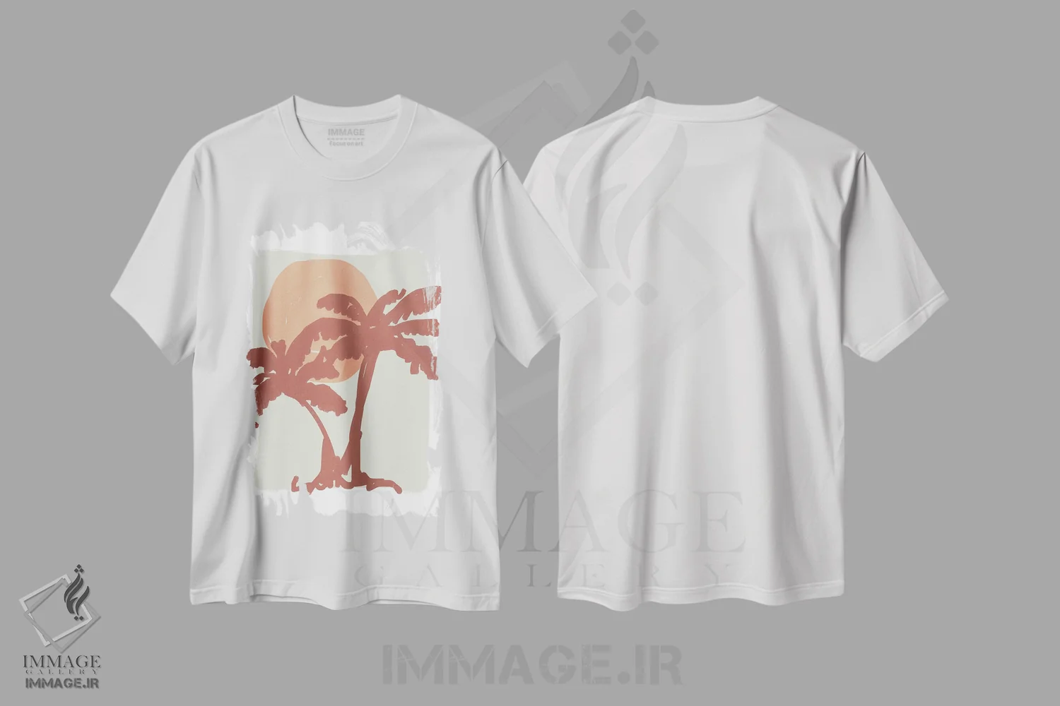 تیشرت سفید طرح دار – تیشرت طبیعت ,نخل و خورشید با رنگ های خنثی اثر مامبو آرت استودیو فروشگاه ایماژ