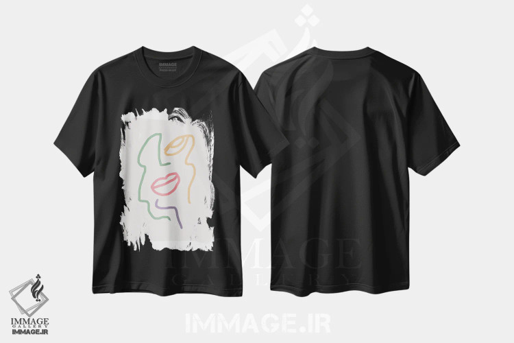 تیشرت مشکی طرح دار – تیشرت هنری ,نقاشی خطی چهره با رنگ های پاستلی اثر مامبو آرت استودیو فروشگاه ایماژ