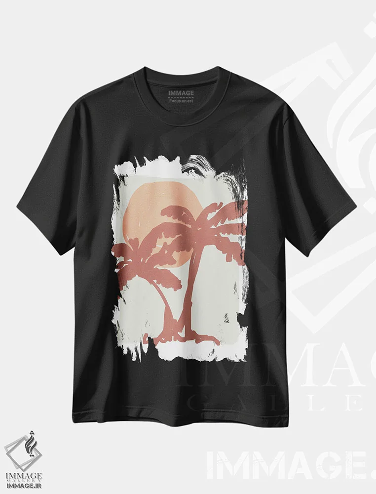 تیشرت مشکی طرح دار – تیشرت طبیعت ,نخل و خورشید با رنگ های خنثی اثر مامبو آرت استودیو immage.ir