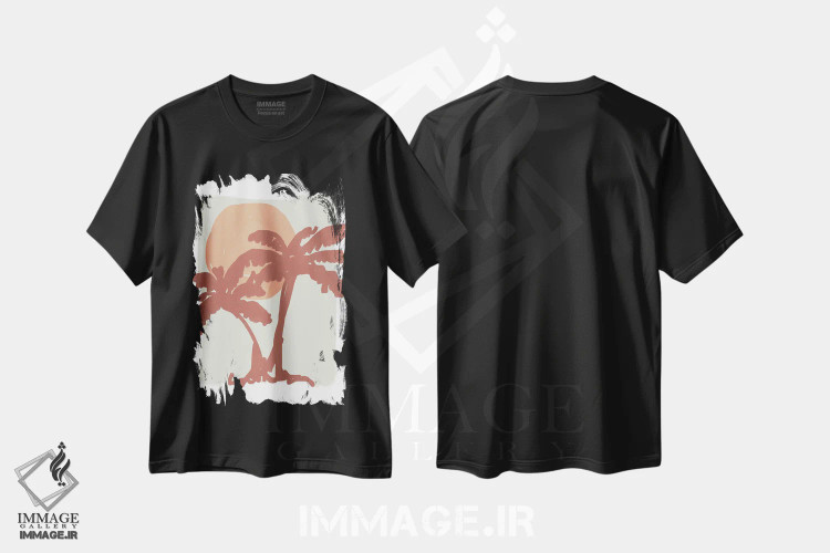 تیشرت مشکی طرح دار – تیشرت طبیعت ,نخل و خورشید با رنگ های خنثی اثر مامبو آرت استودیو immage.ir