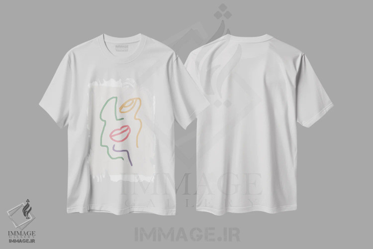 تیشرت سفید طرح دار – تیشرت هنری ,نقاشی خطی چهره با رنگ های پاستلی اثر مامبو آرت استودیو immage.ir
