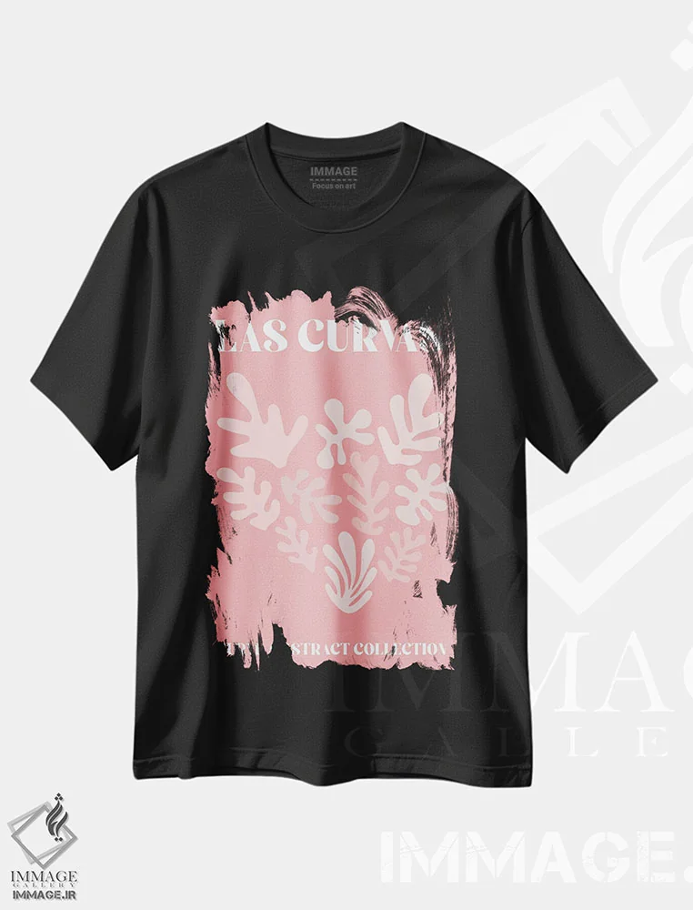 تیشرت مشکی طرح دار – تیشرت هنری ,انحناها و اشکال انتزاعی ماتیس صورتی اثر مامبو آرت استودیو فروشگاه ایماژ