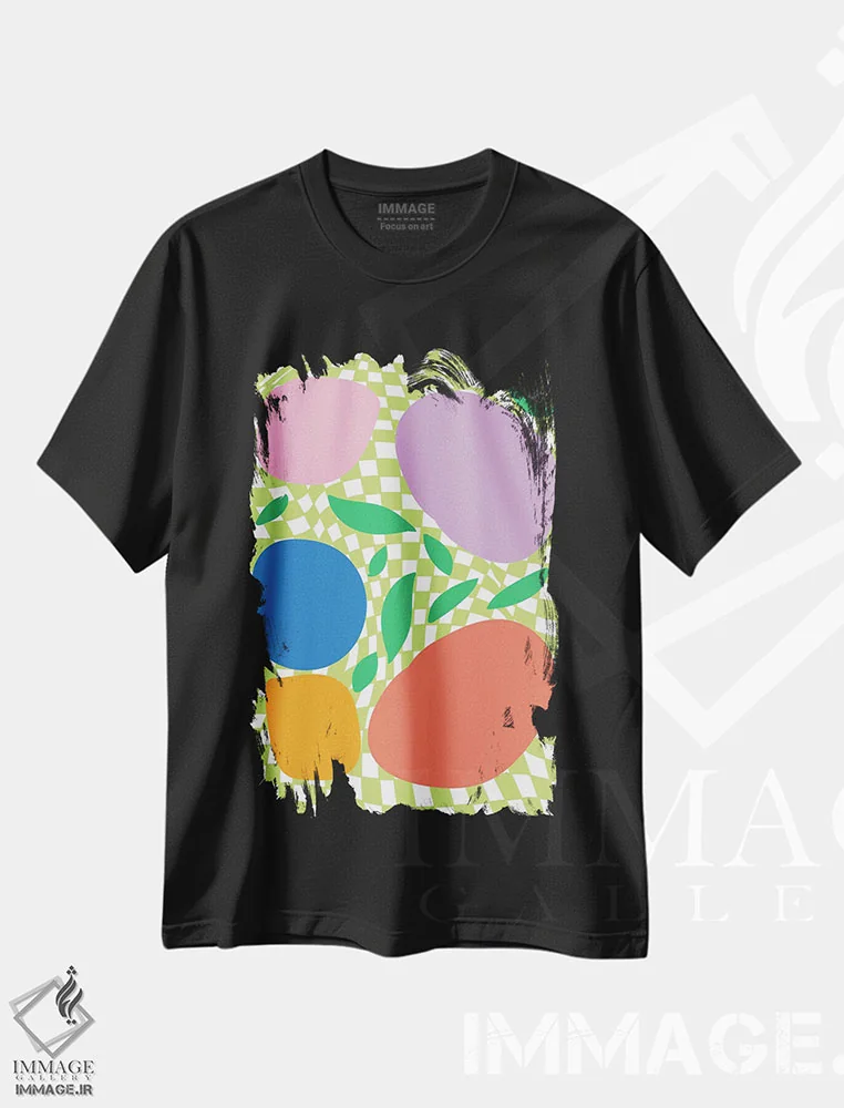 تیشرت مشکی طرح دار – تیشرت میوه ,مربع بندی پاستلی و میوه های تابستانی انتزاعی اثر مامبو آرت استودیو فروشگاه ایماژ