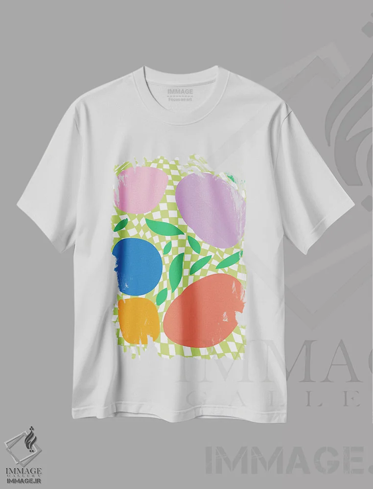 تیشرت سفید طرح دار – تیشرت میوه ,مربع بندی پاستلی و میوه های تابستانی انتزاعی اثر مامبو آرت استودیو immage.ir