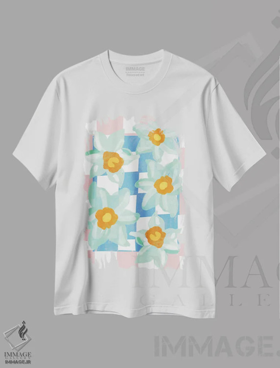 تیشرت سفید طرح دار – تیشرت گل ,نرگس با زمینه شطرنجی آبی و صورتی اثر مامبو آرت استودیو فروشگاه ایماژ