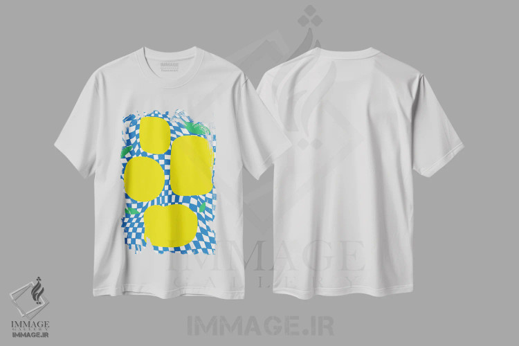 تیشرت سفید طرح دار – تیشرت تابستانی ,مربع بندی پاستلی لیموهای آبی اثر مامبو آرت استودیو فروشگاه ایماژ