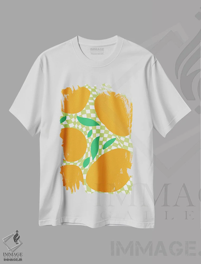 تیشرت سفید طرح دار – تیشرت هنری ,مربع بندی پاستلی پرتقال های سبز اثر مامبو آرت استودیو immage.ir