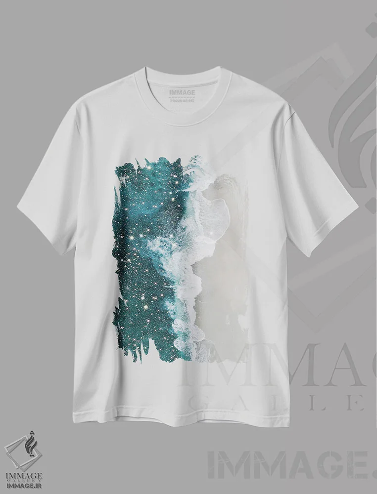 تیشرت سفید طرح دار – تیشرت دار ,ساحل درخشان از نمای بالا اثر مامبو آرت استودیو فروشگاه ایماژ
