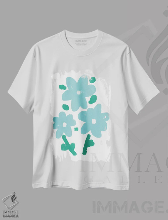 تیشرت سفید طرح دار – تیشرت طبیعت ,گل های مارگریت آبی اثر مامبو آرت استودیو فروشگاه ایماژ