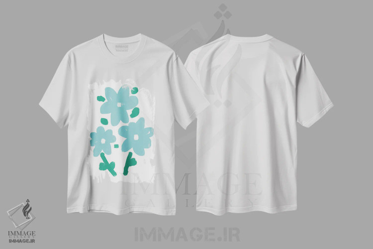 تیشرت سفید طرح دار – تیشرت طبیعت ,گل های مارگریت آبی اثر مامبو آرت استودیو فروشگاه ایماژ