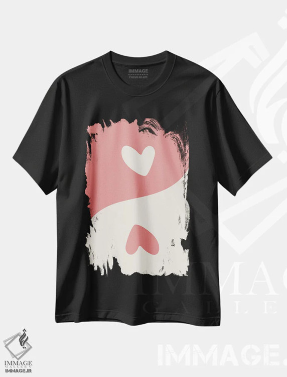 تیشرت مشکی طرح دار – تیشرت مینیمال ,قلب های صورتی یین و یانگ اثر مامبو آرت استودیو immage.ir