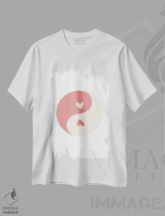 تیشرت سفید طرح دار – تیشرت ولنتاین ,دایره قلب های صورتی یین و یانگ اثر مامبو آرت استودیو immage.ir
