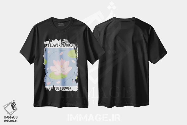 تیشرت مشکی طرح دار – تیشرت مینیمالیستی ,پوستر بازار گل نیلوفر آبی اثر مامبو آرت استودیو فروشگاه ایماژ