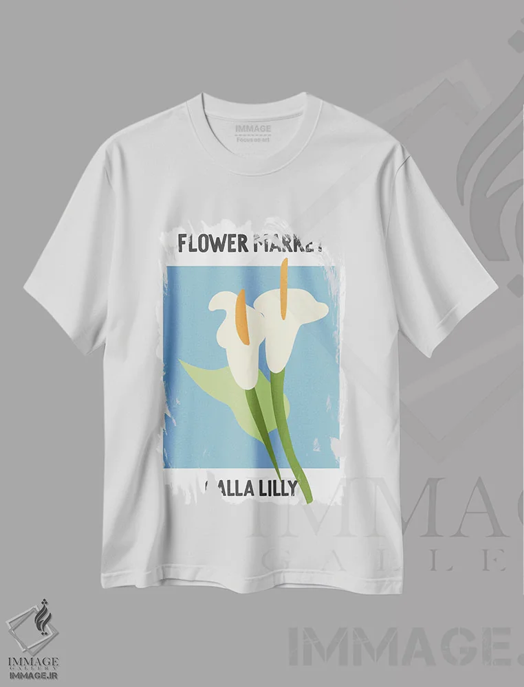 تیشرت سفید طرح دار – تیشرت هنری گیاهان ,پوستر بازار گل کالالیلی اثر مامبو آرت استودیو فروشگاه ایماژ