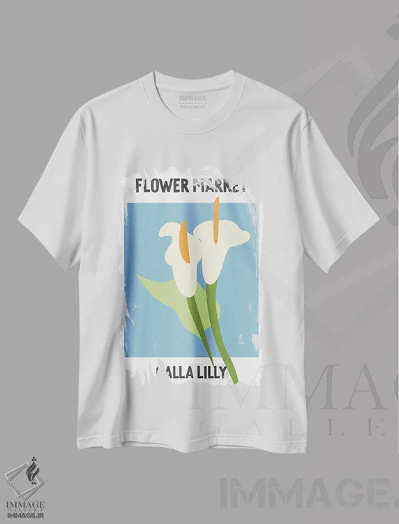 تیشرت سفید طرح دار – تیشرت هنری گیاهان ,پوستر بازار گل کالالیلی اثر مامبو آرت استودیو فروشگاه ایماژ