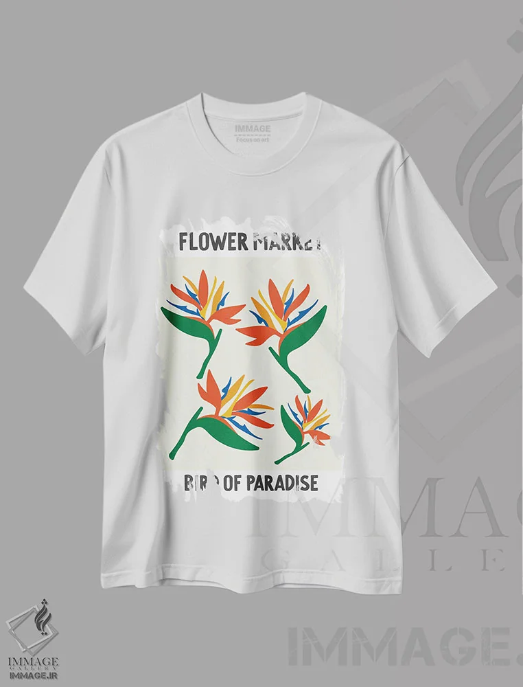 تیشرت سفید طرح دار – تیشرت استوایی ,پوستر بازار گل پرنده بهشتی اثر مامبو آرت استودیو فروشگاه ایماژ