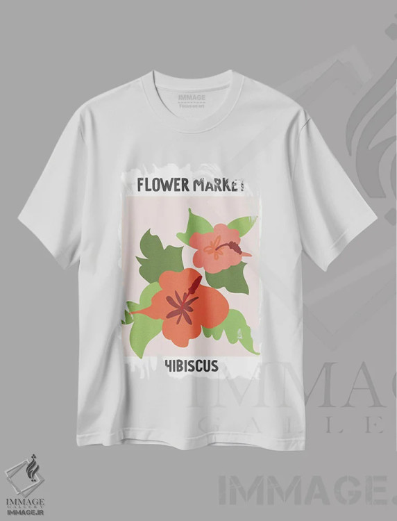 تیشرت سفید طرح دار – تیشرت گل های طبیعی ,پوستر بازار گل ختمی اثر مامبو آرت استودیو فروشگاه ایماژ