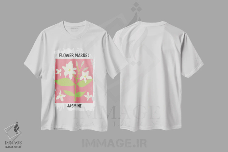 تیشرت سفید طرح دار – تیشرت طبیعت گل یاس ,پوستر بازار گل یاس اثر مامبو آرت استودیو immage.ir