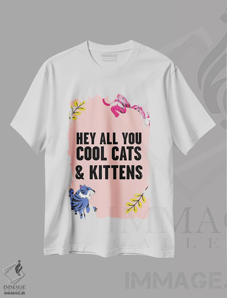 تیشرت سفید طرح دار – تیشرت پاپ کالچر ,سلام به همه شما گربه ها و بچه گربه های باحال، ببر صورتی اثر مامبو آرت استودیو فروشگاه ایماژ