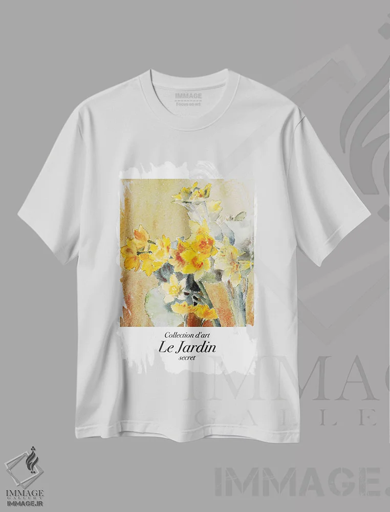 تیشرت سفید طرح دار – تیشرت گل نرگس ,هنر کلاسیک باغ؛ نرگس اثر مامبو آرت استودیو فروشگاه ایماژ