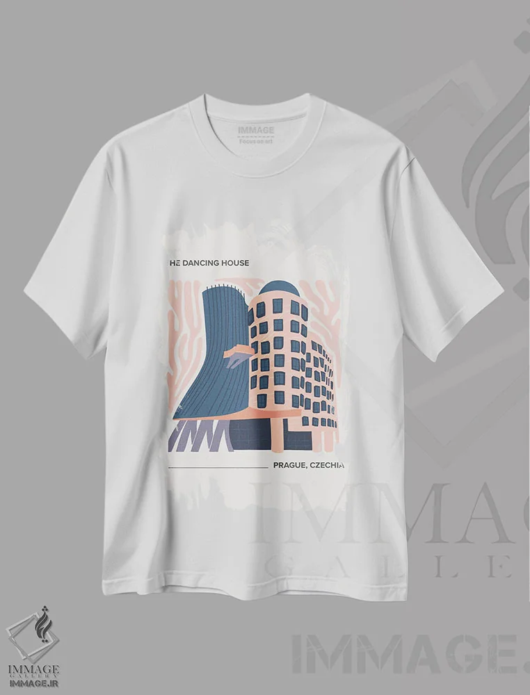 تیشرت سفید طرح دار – تیشرت هنری ,خانه رقصان اثر مامبو آرت استودیو فروشگاه ایماژ