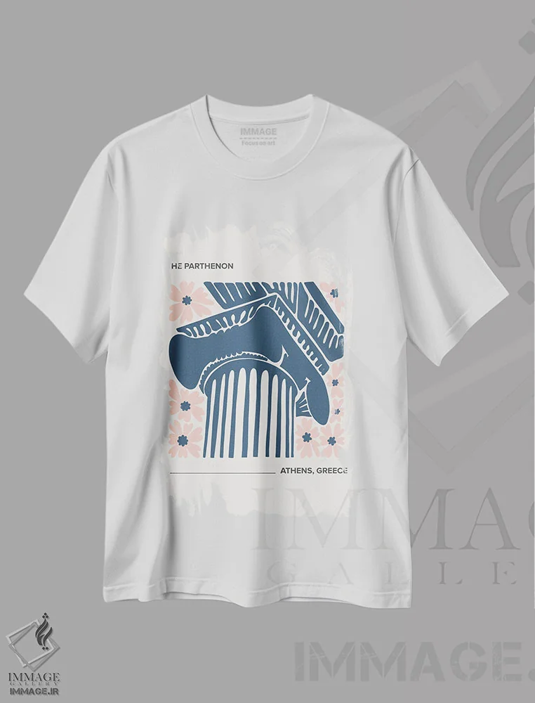 تیشرت سفید طرح دار – تیشرت هنری ,پارتنون اثر مامبو آرت استودیو فروشگاه ایماژ