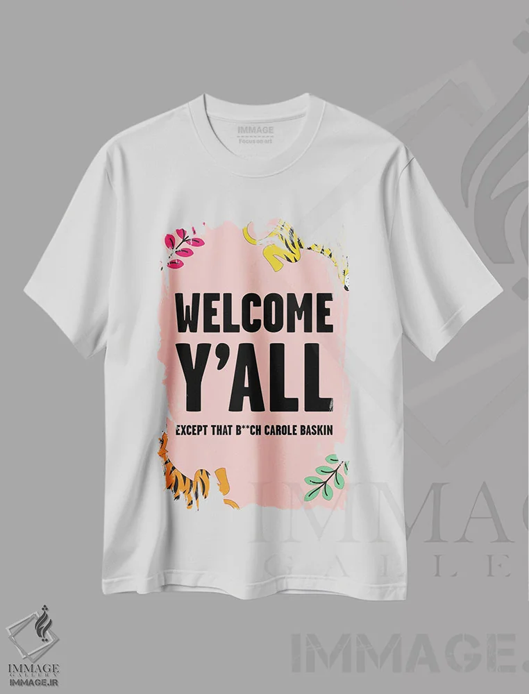 تیشرت سفید طرح دار – تیشرت پاپ کالچر ,همه خوش آمدند جز کارول بسکینصورتی اثر مامبو آرت استودیو فروشگاه ایماژ