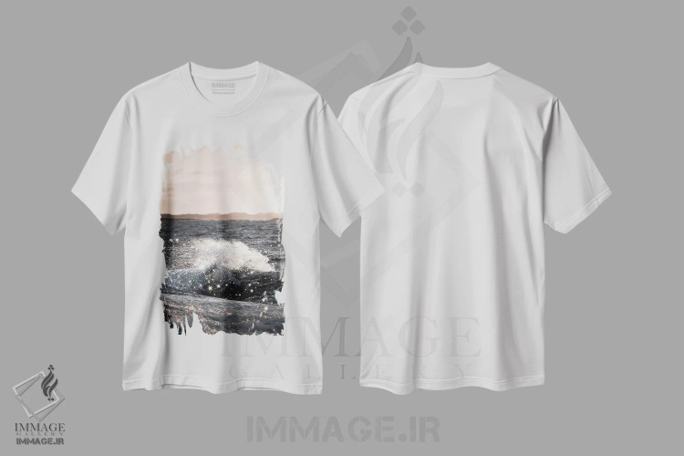 تیشرت سفید طرح دار – تیشرت طبیعت ,درخشش موج و غروب اثر مامبو آرت استودیو immage.ir