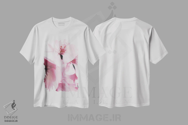 تیشرت سفید طرح دار – تیشرت گلدار ,عکس گل های صورتی اثر مامبو آرت استودیو immage.ir