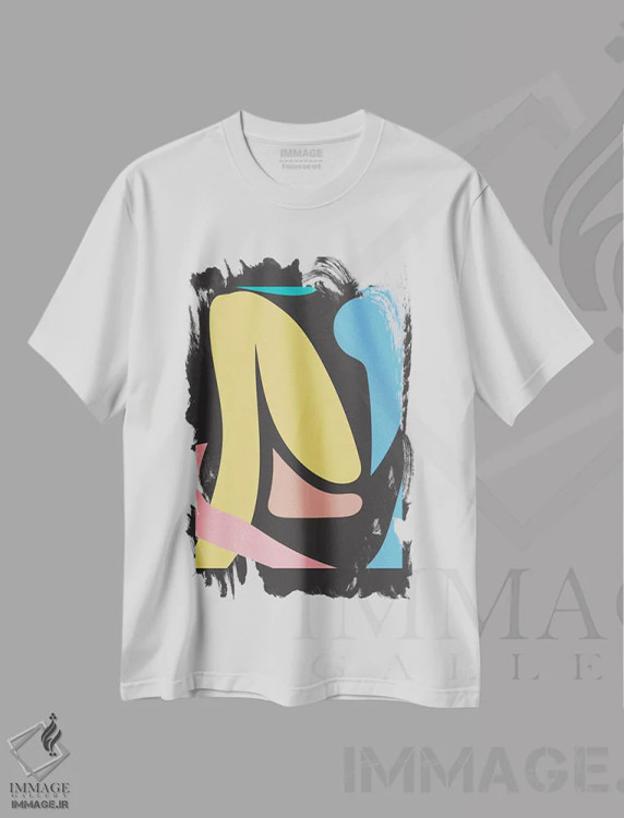 تیشرت سفید طرح دار – تیشرت رنگی ,اشکال انتزاعی با رنگ های بهاری اثر مامبو آرت استودیو immage.ir