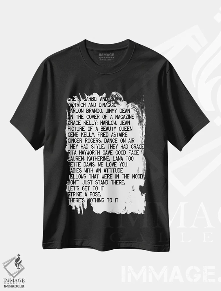 تیشرت مشکی طرح دار – تیشرت موسیقی ,متن ترانه وُگ اثر مامبو آرت استودیو فروشگاه ایماژ