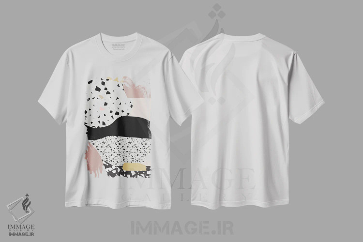 تیشرت سفید طرح دار – تیشرت هندسی ,ترازو صورتی اثر مامبو آرت استودیو immage.ir